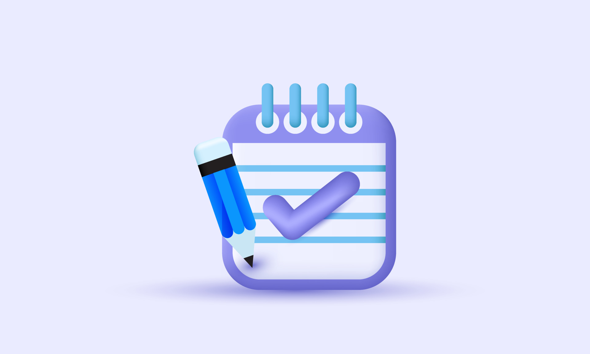 3d icon of planner/calendar with checkmark and a pencil in the foreground - to illustrate content and creative creation for YNG clients