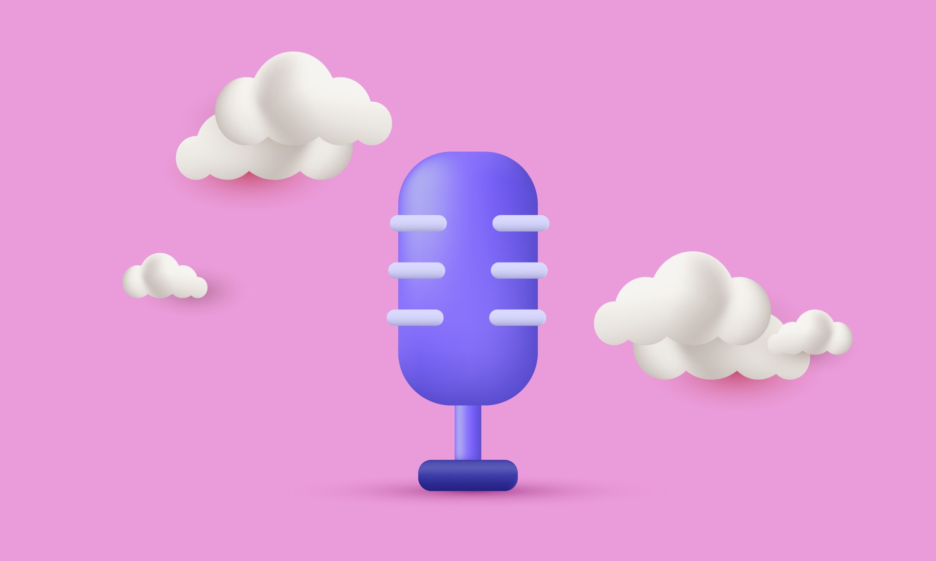 3d vector purple microphone with clouds in the back and solid pink background.